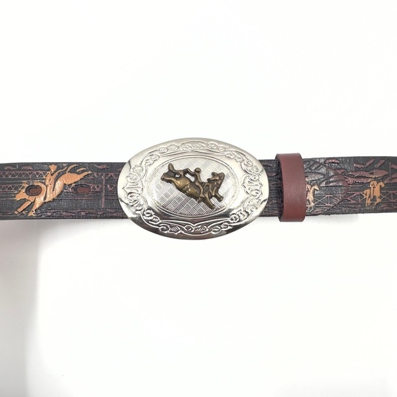Nocona Western Rodeo Tooled Leather Belt Boys Size 24 Big Buckle Bull Rider - Picture 3 of 13